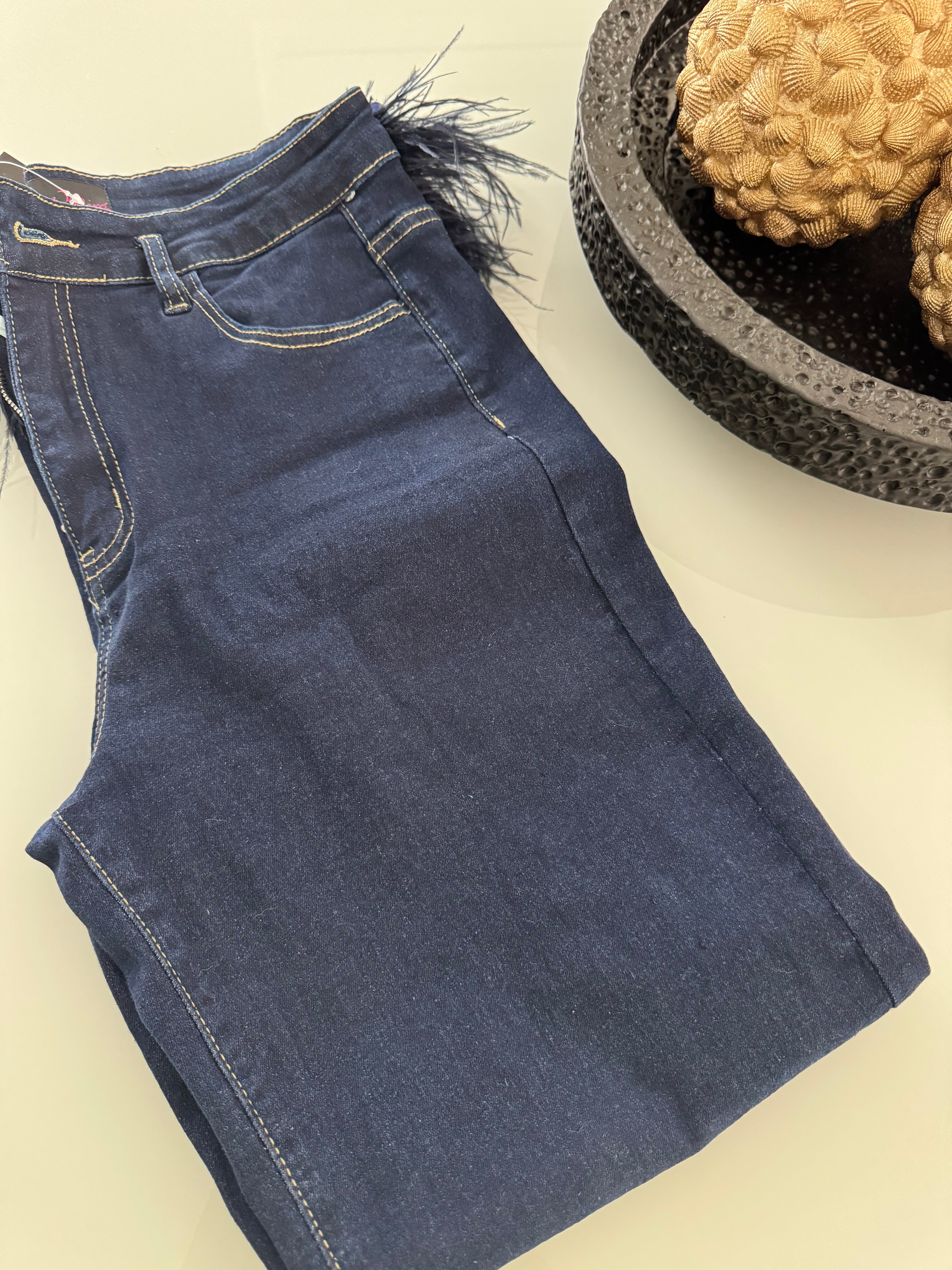 Jeans Stretch Straight Trousers with feather