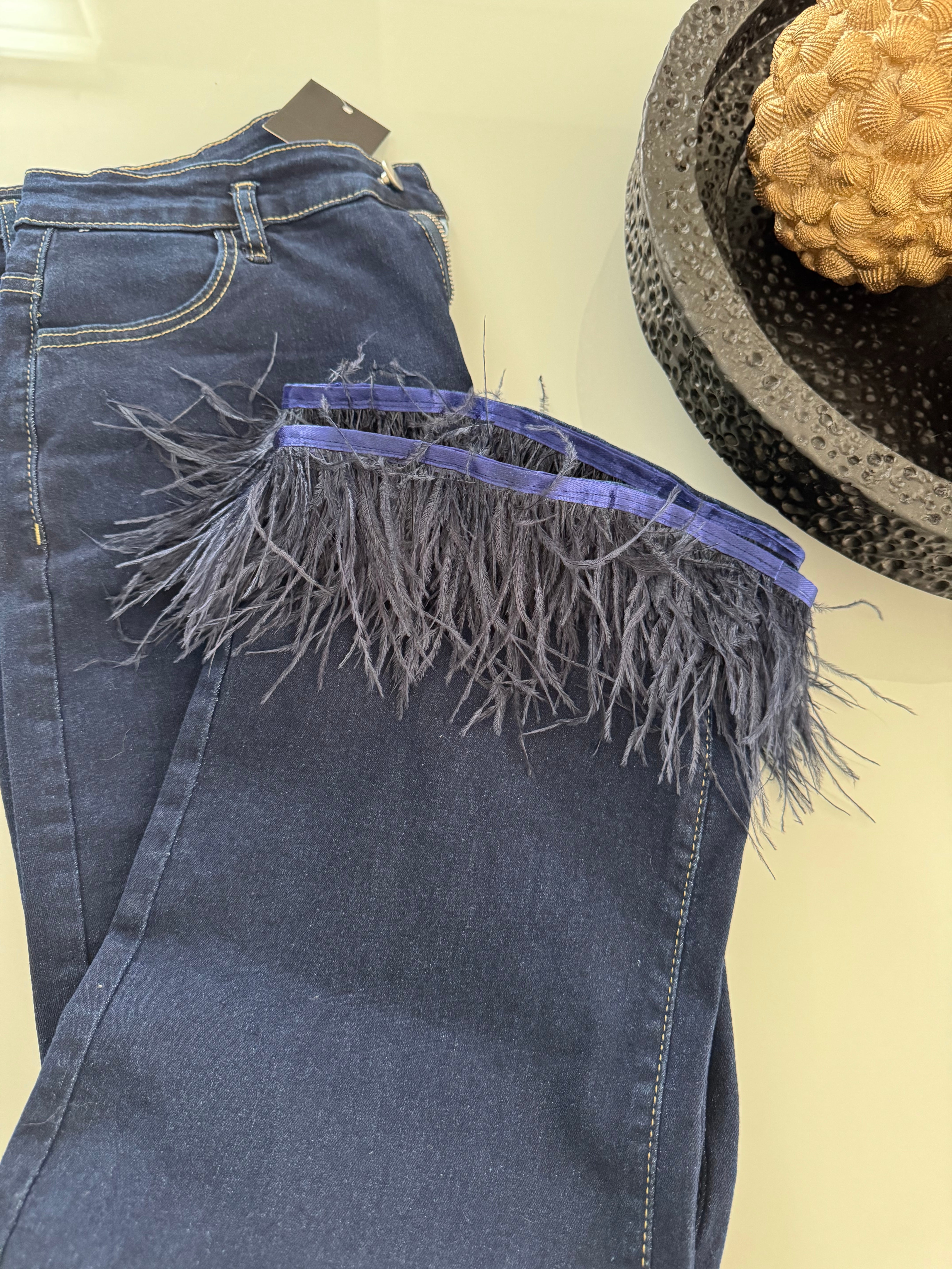 Jeans Stretch Straight Trousers with feather