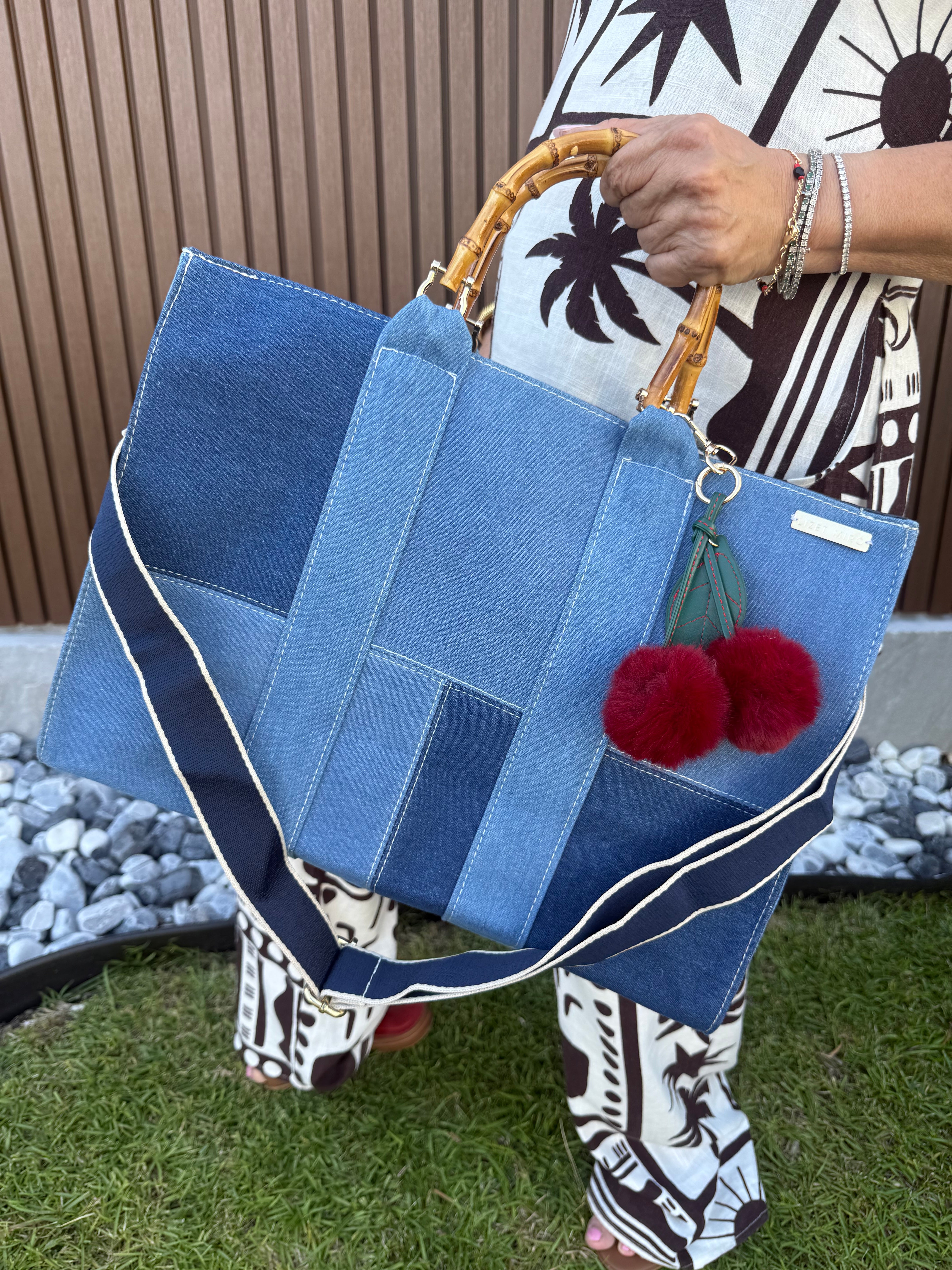 Denim cherries handbag