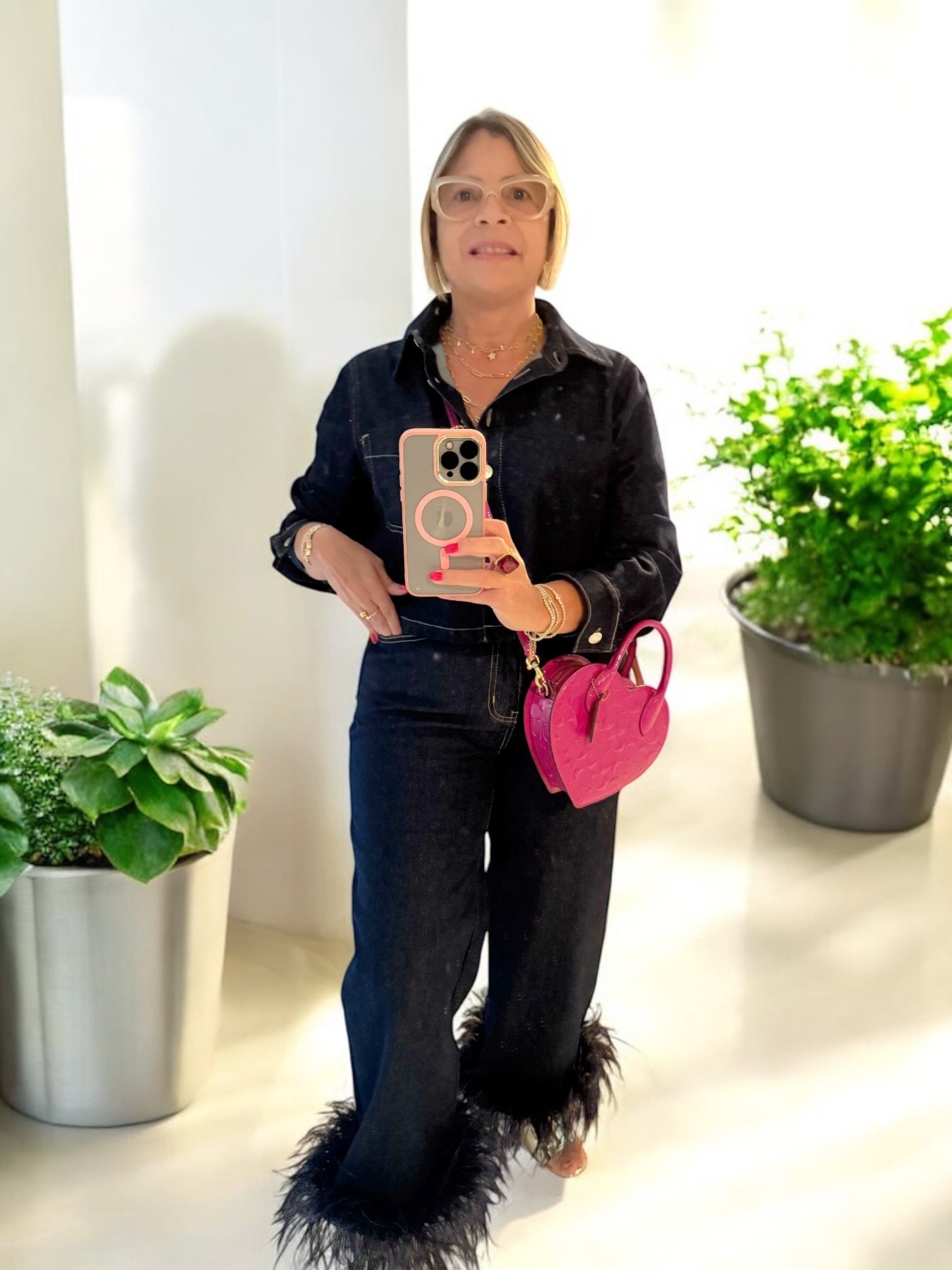 Jeans Stretch Straight Trousers with feather